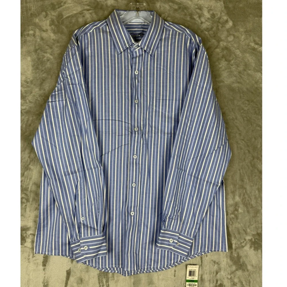 Tasso Elba Mens Large Blue White Stripe Button Down Dress Shirt 100% Cotton - Picture 1 of 8